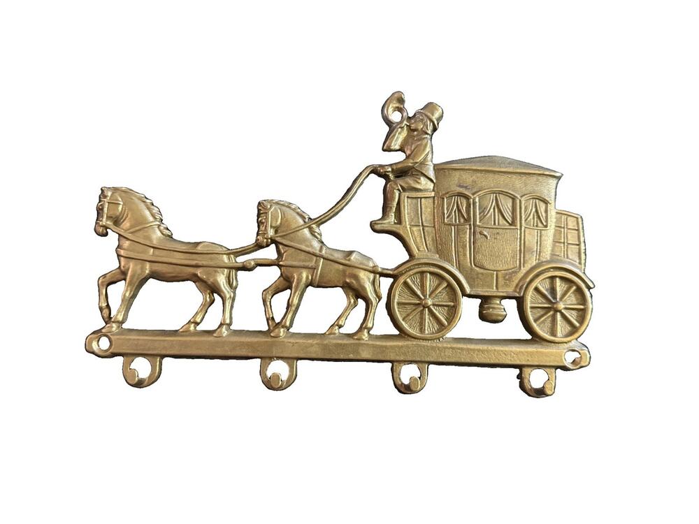 Vntg Solid Brass Horse & Carriage Wall Key Rack Authentic Mid Century M BFL